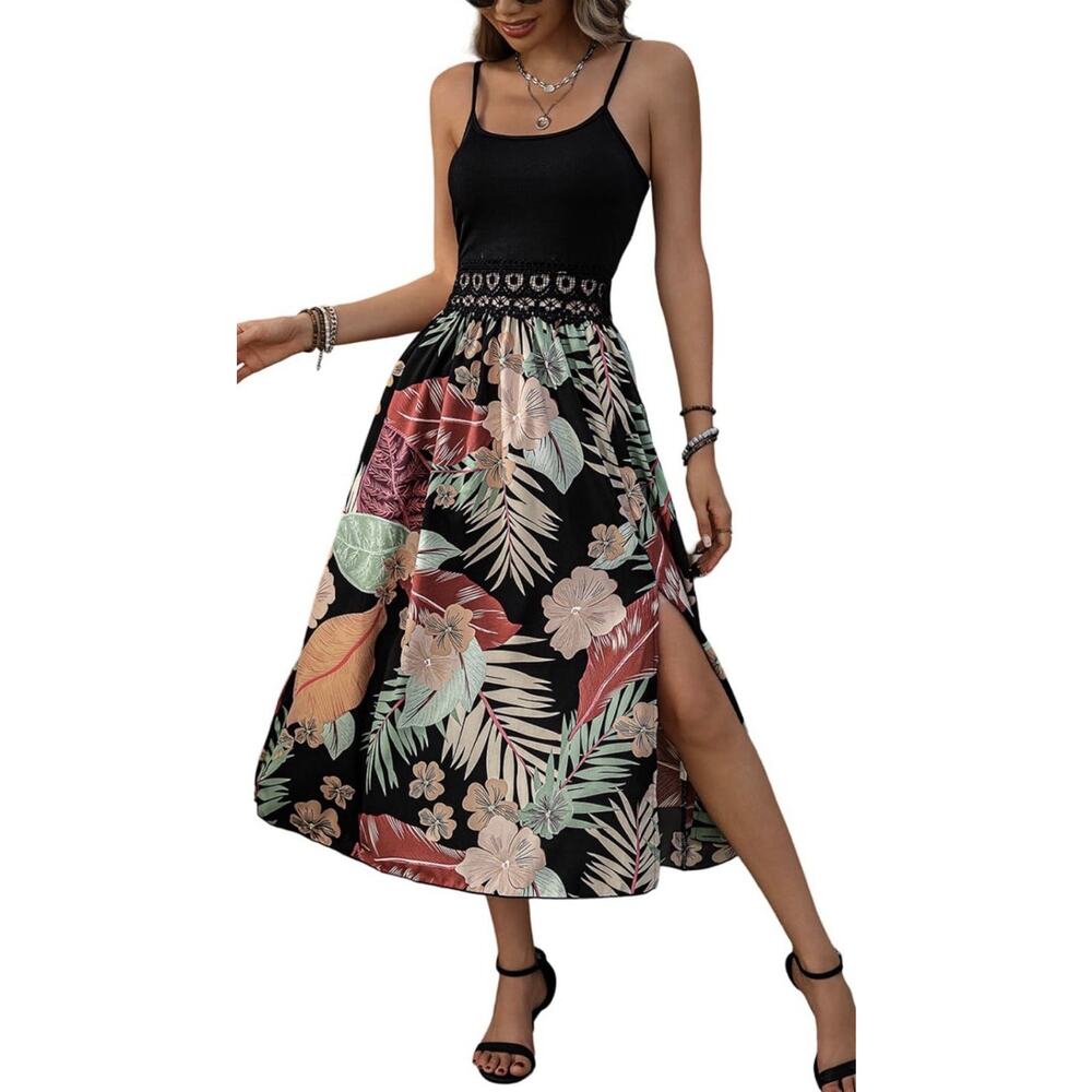 Women’s Sleeveless Tank Dress Floral Tropical Print A Line Beach Sundress Large